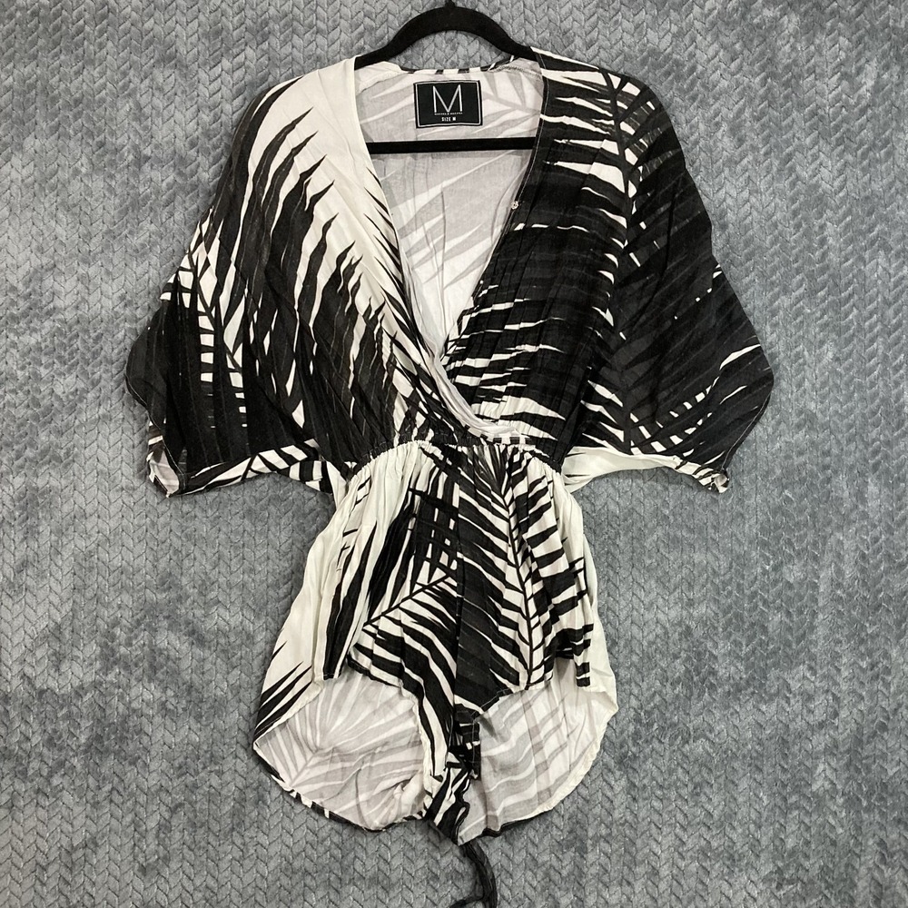 Makana X Makana Womens Medium V-Neck Black White Frond Kimono Romper